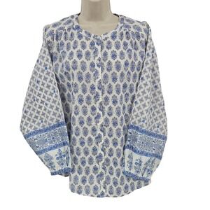 Lucky Brand Shirt Women L White Blue Floral Boho Long Sleeve Peasant Hippie